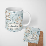 Personalized Custom Name Cute Teddy Bears with Soft Blue Floral Background Seamless Pattern 11oz Ceramic Coffee Tea Mug White Large Handle