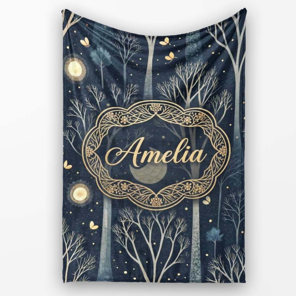 Mystical Forest Trees Moon Starry Night Seamless Pattern Lovely  Personalised Custom Name Super Soft Fleece Blanket Bed Sofa Throw
