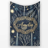 Mystical Forest Trees Moon Starry Night Seamless Pattern Lovely  Personalised Custom Name Super Soft Fleece Blanket Bed Sofa Throw