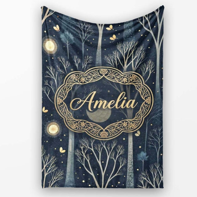 Mystical Forest Trees Moon Starry Night Seamless Pattern Lovely  Personalised Custom Name Super Soft Fleece Blanket Bed Sofa Throw