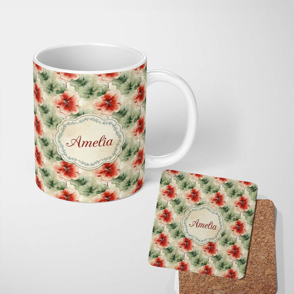 Personalized Custom Name Watercolor Red and Green Floral Seamless Pattern Artistic Botanical 11oz Ceramic Coffee Tea Mug White Large Handle