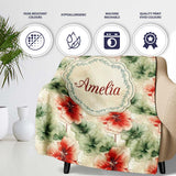 Watercolor Red and Green Floral Seamless Pattern Artistic Botanical  Personalised Custom Name Super Soft Fleece Blanket Bed Sofa Throw