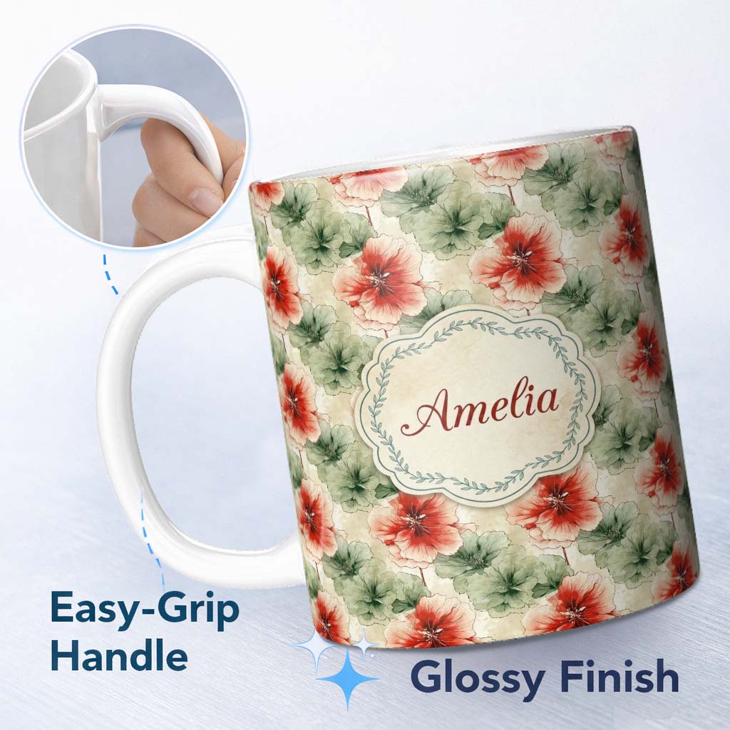 Personalized Custom Name Watercolor Red and Green Floral Seamless Pattern Artistic Botanical 11oz Ceramic Coffee Tea Mug White Large Handle