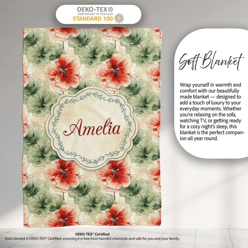 Watercolor Red and Green Floral Seamless Pattern Artistic Botanical  Personalised Custom Name Super Soft Fleece Blanket Bed Sofa Throw