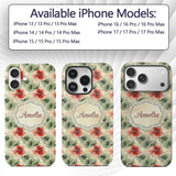 Watercolor Red and Green Floral Seamless Pattern Custom Name Protective Phone Case Mobile Cover Durable Everyday Smartphone Shock Resistant