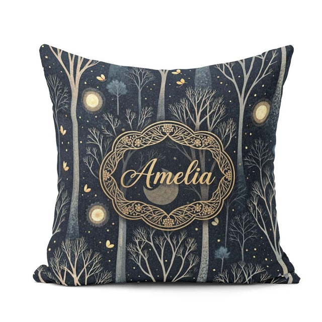 Custom Name Mystical Forest Trees Starry Night Seamless Pattern Square Filled Cushion Throw Pillow Sofa Bed Home Decor Zip Washable UK Made