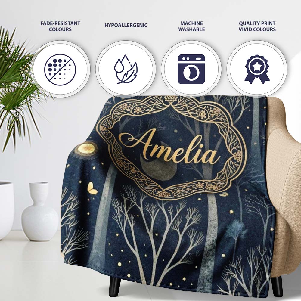 Mystical Forest Trees Moon Starry Night Seamless Pattern Lovely  Personalised Custom Name Super Soft Fleece Blanket Bed Sofa Throw