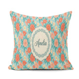 Custom Name Pastel Coral and Blue Floral Seamless Soft Botanical Square Filled Cushion Throw Pillow Sofa Bed Home Decor Zip Washable UK Made