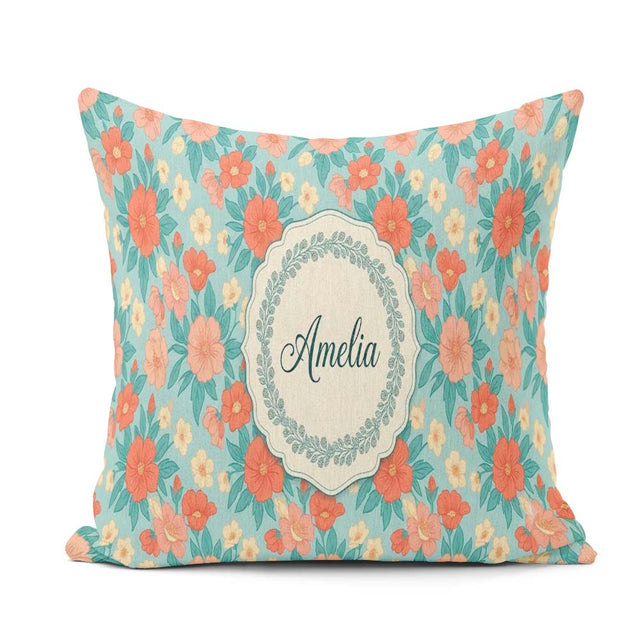 Custom Name Pastel Coral and Blue Floral Seamless Soft Botanical Square Filled Cushion Throw Pillow Sofa Bed Home Decor Zip Washable UK Made
