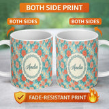 Personalized Custom Name Pastel Coral and Blue Floral Seamless Pattern Soft Botanical Design 11oz Ceramic Coffee Tea Mug White Large Handle