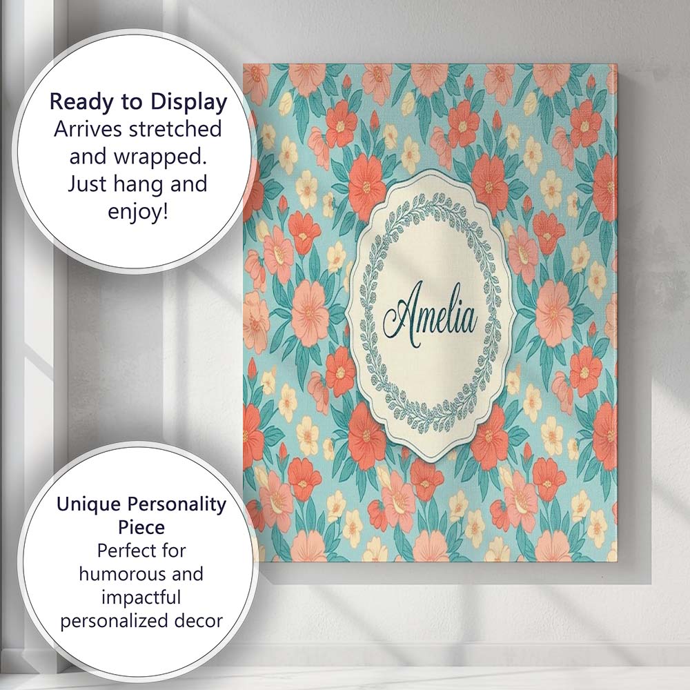 Personalised Name Pastel Coral and Blue Custom  Modern Room Accent Elegant Feature Canvas Wall Art Print Decor Picture Ready to Hang