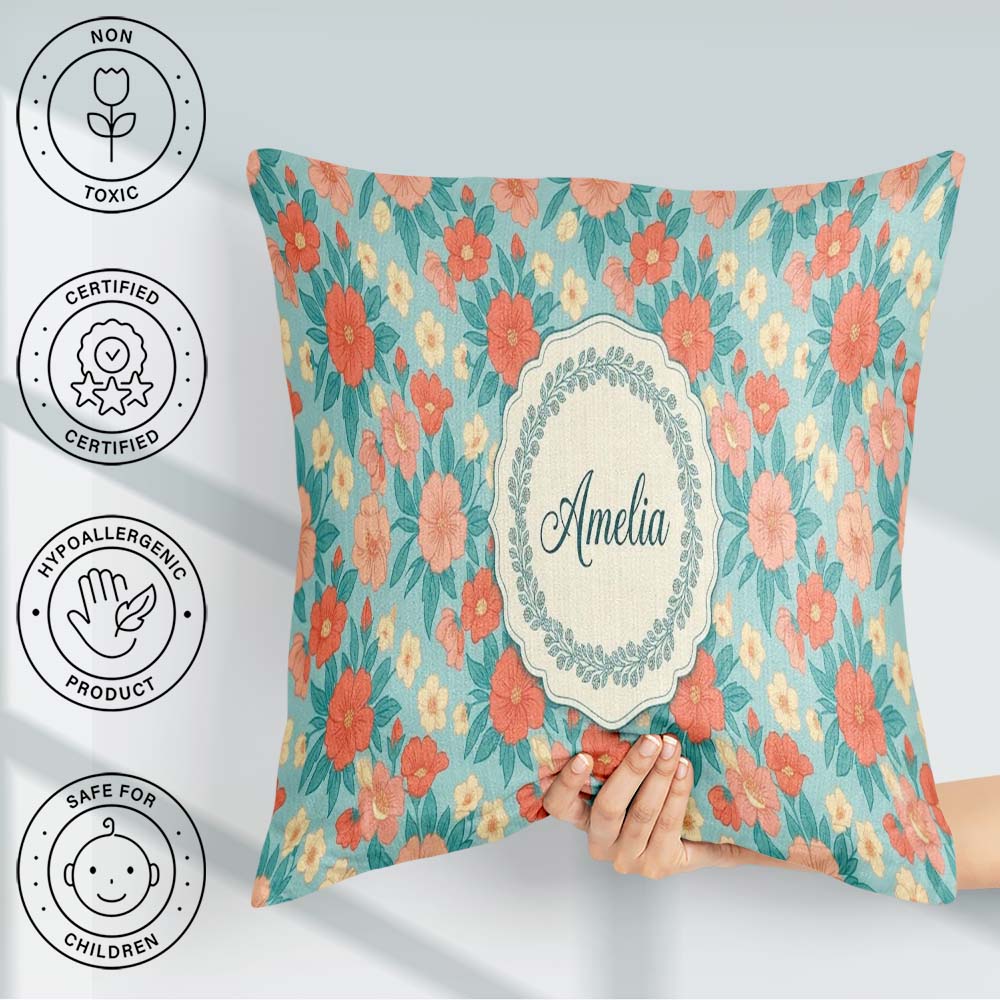 Custom Name Pastel Coral and Blue Floral Seamless Soft Botanical Square Filled Cushion Throw Pillow Sofa Bed Home Decor Zip Washable UK Made