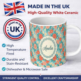 Personalized Custom Name Pastel Coral and Blue Floral Seamless Pattern Soft Botanical Design 11oz Ceramic Coffee Tea Mug White Large Handle