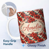 Personalized Custom Name Bold Red Floral Vintage Seamless Pattern Beige Background Botanical 11oz Ceramic Coffee Tea Mug White Large Handle