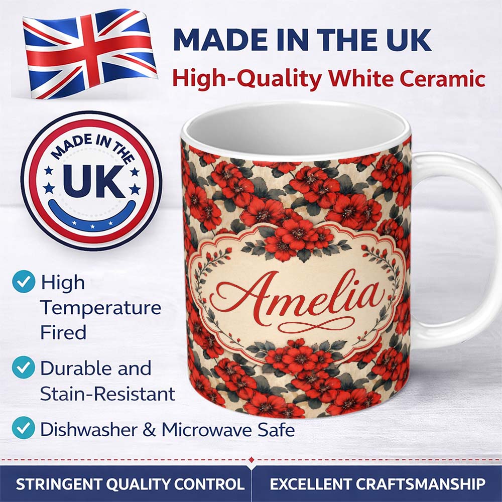 Personalized Custom Name Bold Red Floral Vintage Seamless Pattern Beige Background Botanical 11oz Ceramic Coffee Tea Mug White Large Handle