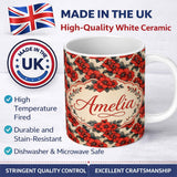 Personalized Custom Name Bold Red Floral Vintage Seamless Pattern Beige Background Botanical 11oz Ceramic Coffee Tea Mug White Large Handle