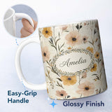Personalized Custom Name Neutral Linen Style Floral Botanical Seamless Pattern Lovely 11oz Ceramic Coffee Tea Mug White Large Handle