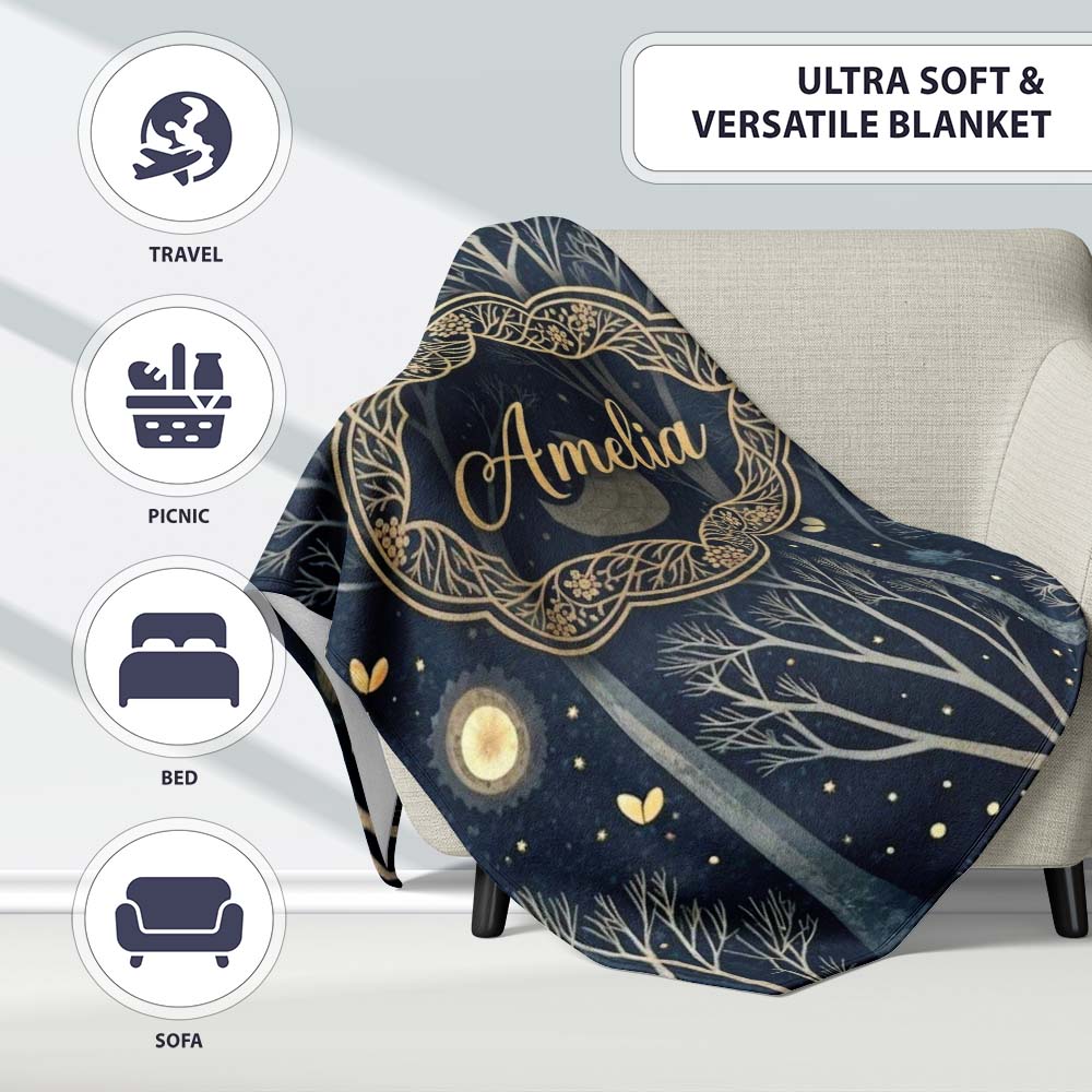 Mystical Forest Trees Moon Starry Night Seamless Pattern Lovely  Personalised Custom Name Super Soft Fleece Blanket Bed Sofa Throw