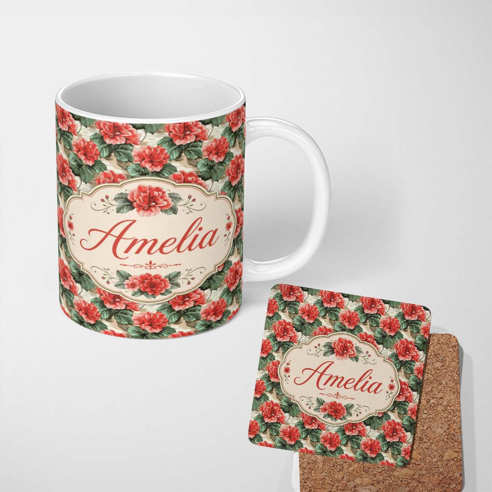 Personalized Custom Name Classic Red Rose Cluster Seamless Pattern Garden Inspired Custom 11oz Ceramic Coffee Tea Mug White Large Handle