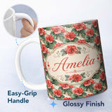 Personalized Custom Name Classic Red Rose Cluster Seamless Pattern Garden Inspired Custom 11oz Ceramic Coffee Tea Mug White Large Handle