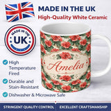 Personalized Custom Name Classic Red Rose Cluster Seamless Pattern Garden Inspired Custom 11oz Ceramic Coffee Tea Mug White Large Handle