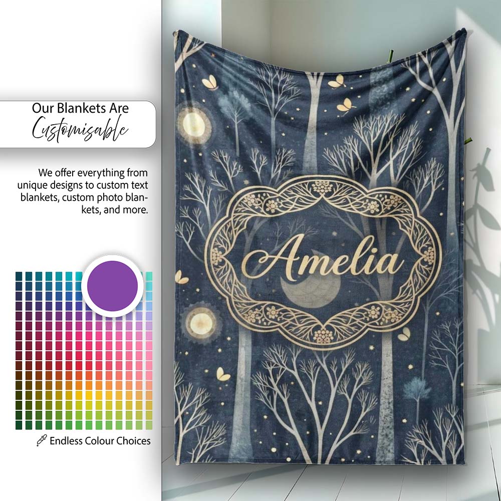 Mystical Forest Trees Moon Starry Night Seamless Pattern Lovely  Personalised Custom Name Super Soft Fleece Blanket Bed Sofa Throw
