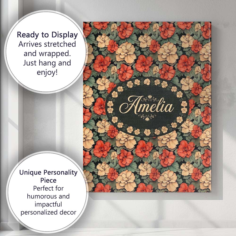 Personalised Name Coral and Cream Floral Custom  Unique Gift Idea Elegant Feature Canvas Wall Art Print Decor Picture Ready to Hang