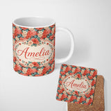 Personalized Custom Name Peach and Red Floral Elegant Seamless Pattern Dark Background Name 11oz Ceramic Coffee Tea Mug White Large Handle