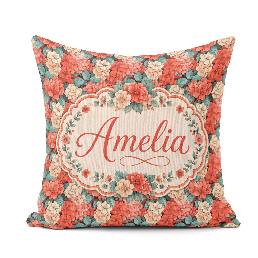 Custom Name Peach and Red Floral Elegant Pattern Dark Background Square Filled Cushion Throw Pillow Sofa Bed Home Decor Zip Washable UK Made