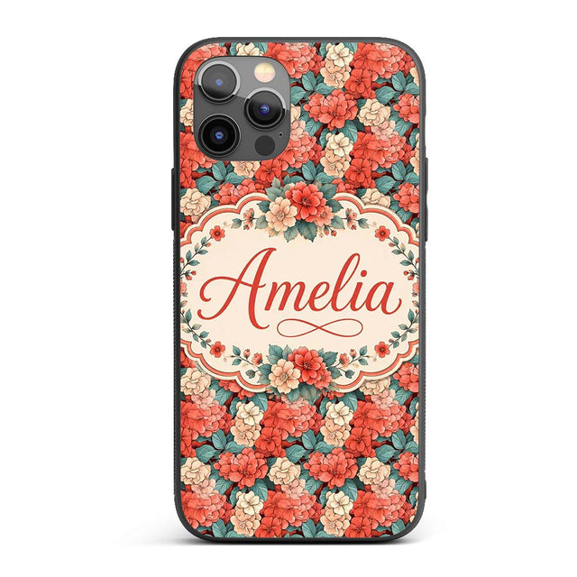 Peach and Red Floral Elegant Seamless Pattern Custom Name Protective Phone Case Mobile Cover Durable Everyday Smartphone Shock Resistant