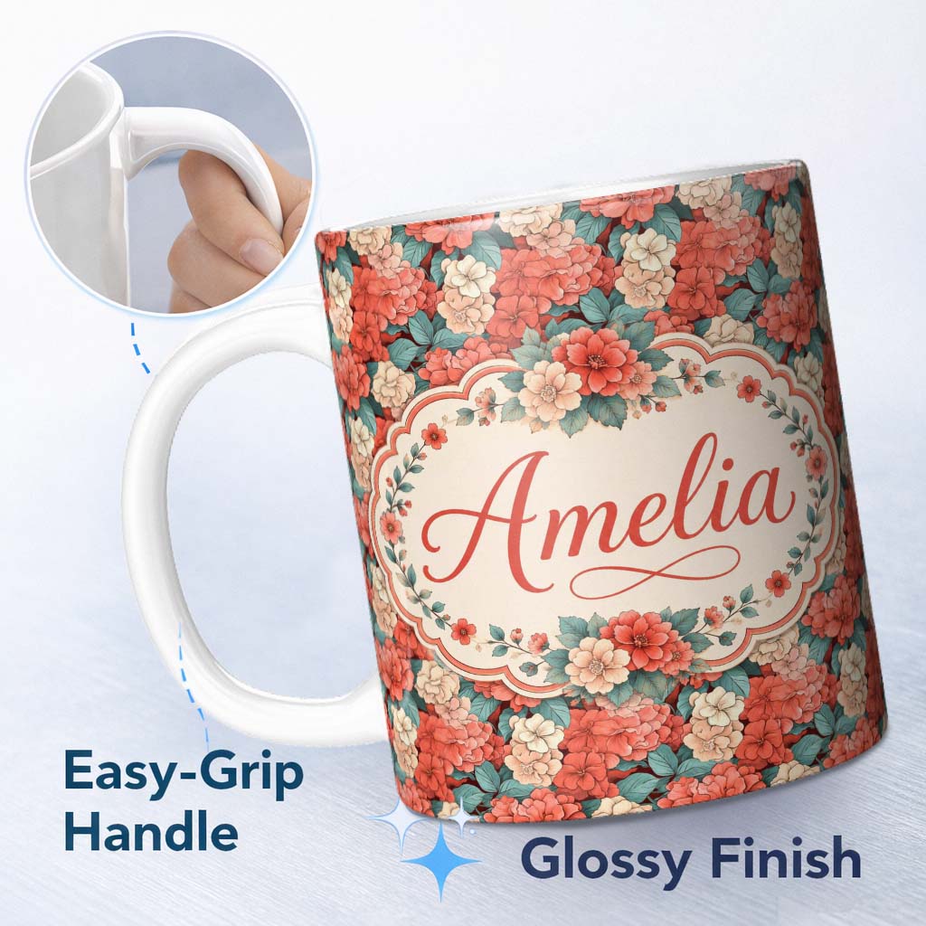Personalized Custom Name Peach and Red Floral Elegant Seamless Pattern Dark Background Name 11oz Ceramic Coffee Tea Mug White Large Handle