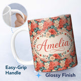 Personalized Custom Name Peach and Red Floral Elegant Seamless Pattern Dark Background Name 11oz Ceramic Coffee Tea Mug White Large Handle