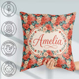 Custom Name Peach and Red Floral Elegant Pattern Dark Background Square Filled Cushion Throw Pillow Sofa Bed Home Decor Zip Washable UK Made