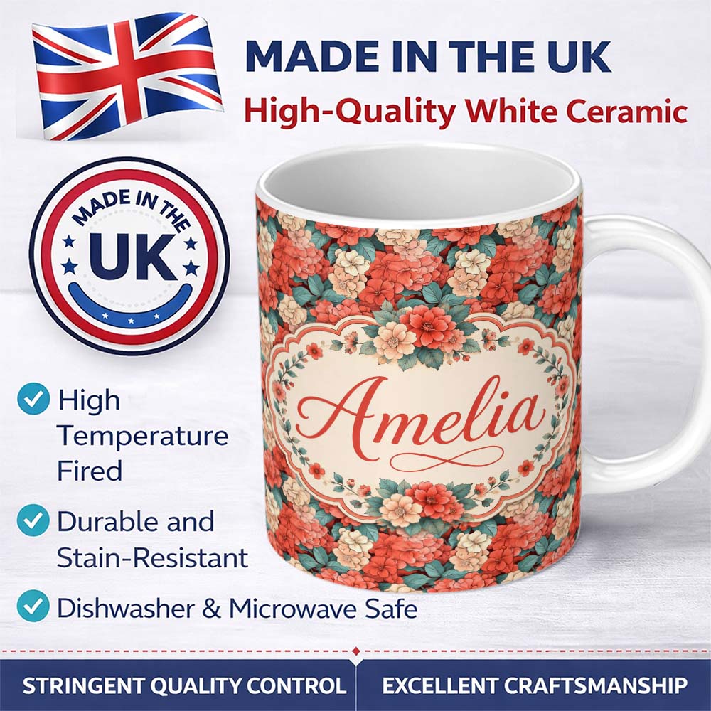 Personalized Custom Name Peach and Red Floral Elegant Seamless Pattern Dark Background Name 11oz Ceramic Coffee Tea Mug White Large Handle