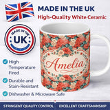 Personalized Custom Name Peach and Red Floral Elegant Seamless Pattern Dark Background Name 11oz Ceramic Coffee Tea Mug White Large Handle