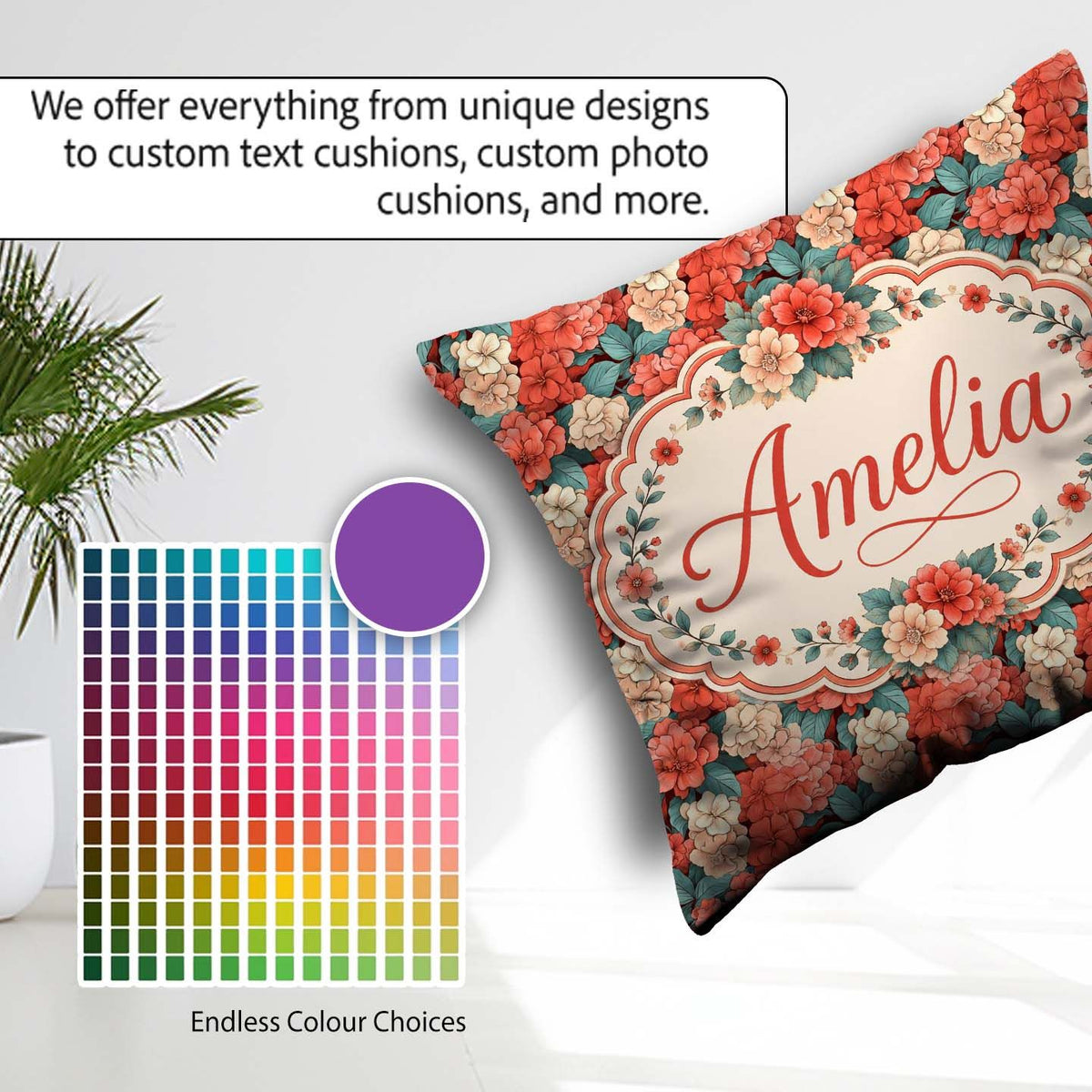 Custom Name Peach and Red Floral Elegant Pattern Dark Background Square Filled Cushion Throw Pillow Sofa Bed Home Decor Zip Washable UK Made