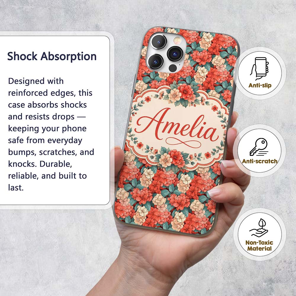 Peach and Red Floral Elegant Seamless Pattern Custom Name Protective Phone Case Mobile Cover Durable Everyday Smartphone Shock Resistant