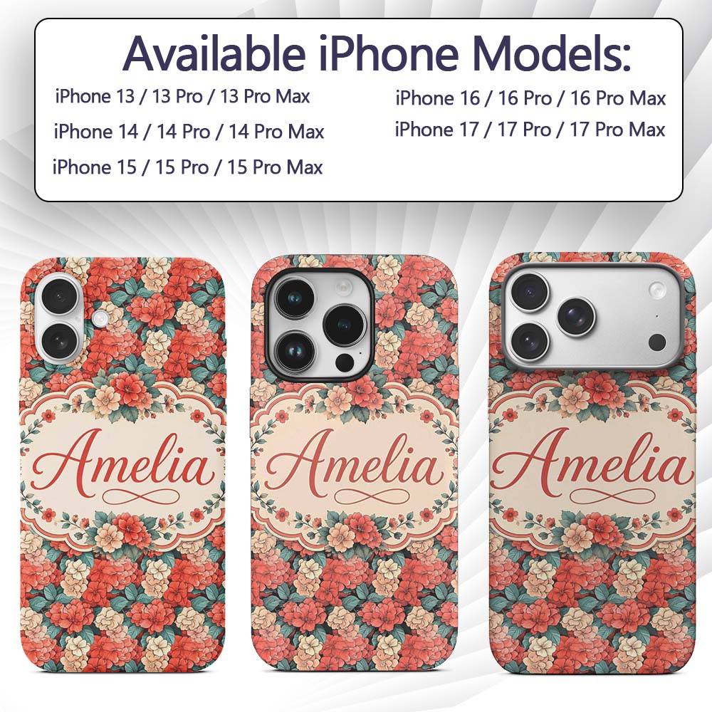 Peach and Red Floral Elegant Seamless Pattern Custom Name Protective Phone Case Mobile Cover Durable Everyday Smartphone Shock Resistant