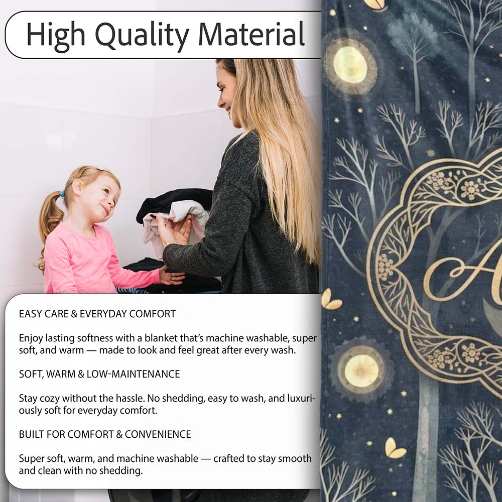 Mystical Forest Trees Moon Starry Night Seamless Pattern Lovely  Personalised Custom Name Super Soft Fleece Blanket Bed Sofa Throw