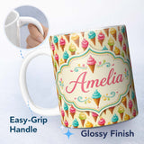Personalized Custom Name Colourful Ice Cream Cones Scattered on Cream Background Playful 11oz Ceramic Coffee Tea Mug White Large Handle