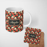 Personalized Custom Name Classic Red and Cream Floral Vintage Seamless Pattern Elegant Name 11oz Ceramic Coffee Tea Mug White Large Handle