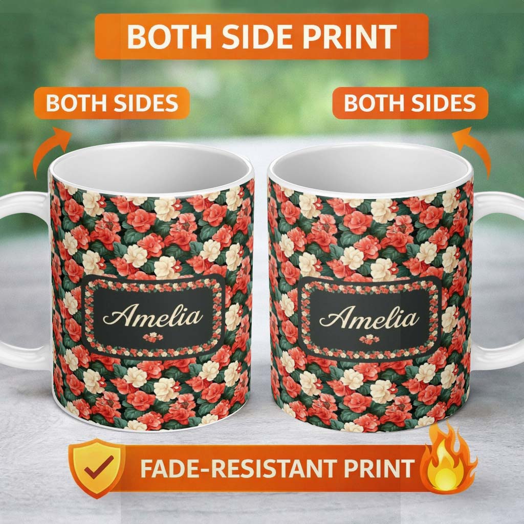 Personalized Custom Name Classic Red and Cream Floral Vintage Seamless Pattern Elegant Name 11oz Ceramic Coffee Tea Mug White Large Handle