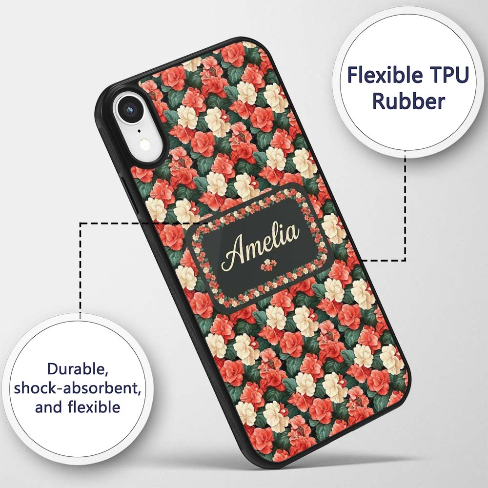 Classic Red and Cream Floral Vintage Seamless Custom Name Protective Phone Case Mobile Cover Durable Everyday Smartphone Shock Resistant
