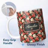 Personalized Custom Name Classic Red and Cream Floral Vintage Seamless Pattern Elegant Name 11oz Ceramic Coffee Tea Mug White Large Handle