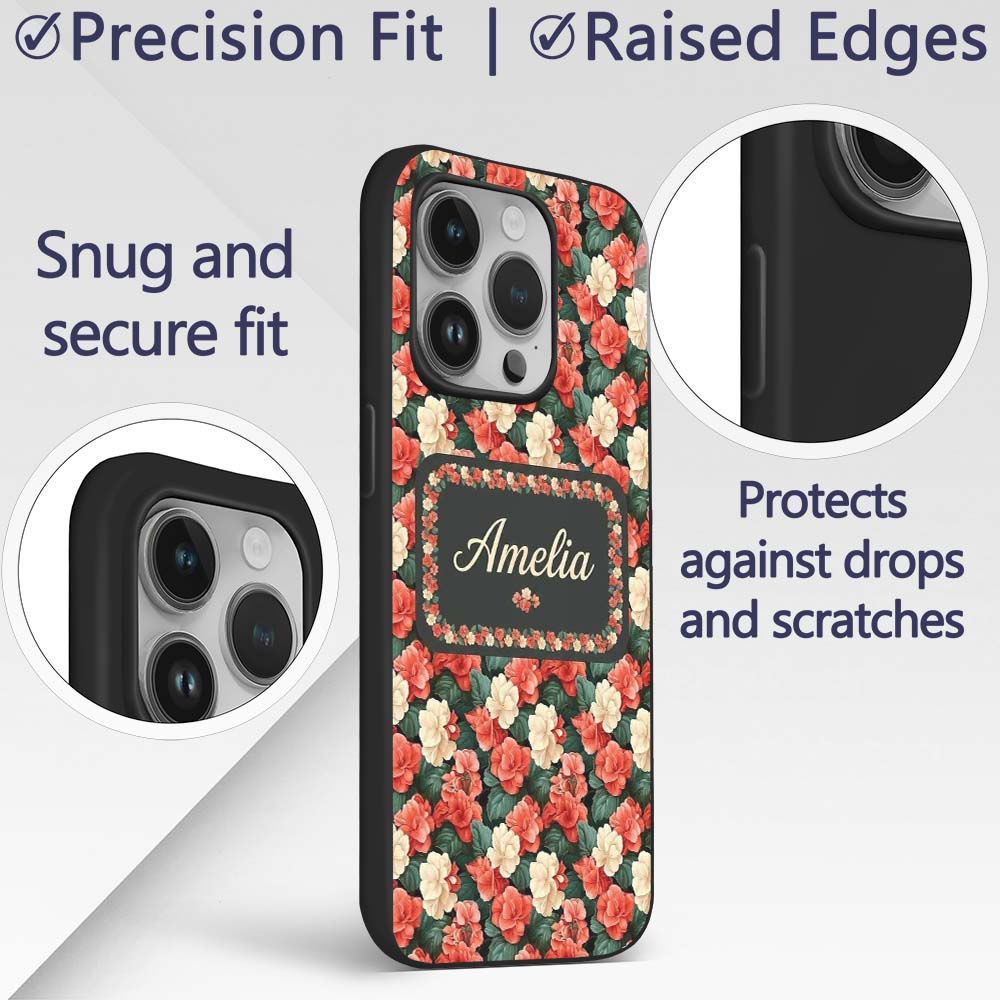 Classic Red and Cream Floral Vintage Seamless Custom Name Protective Phone Case Mobile Cover Durable Everyday Smartphone Shock Resistant