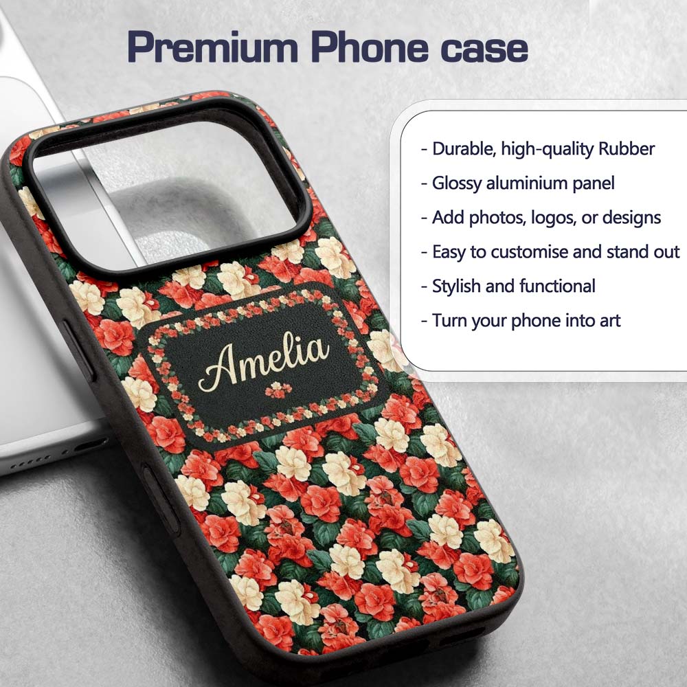 Classic Red and Cream Floral Vintage Seamless Custom Name Protective Phone Case Mobile Cover Durable Everyday Smartphone Shock Resistant