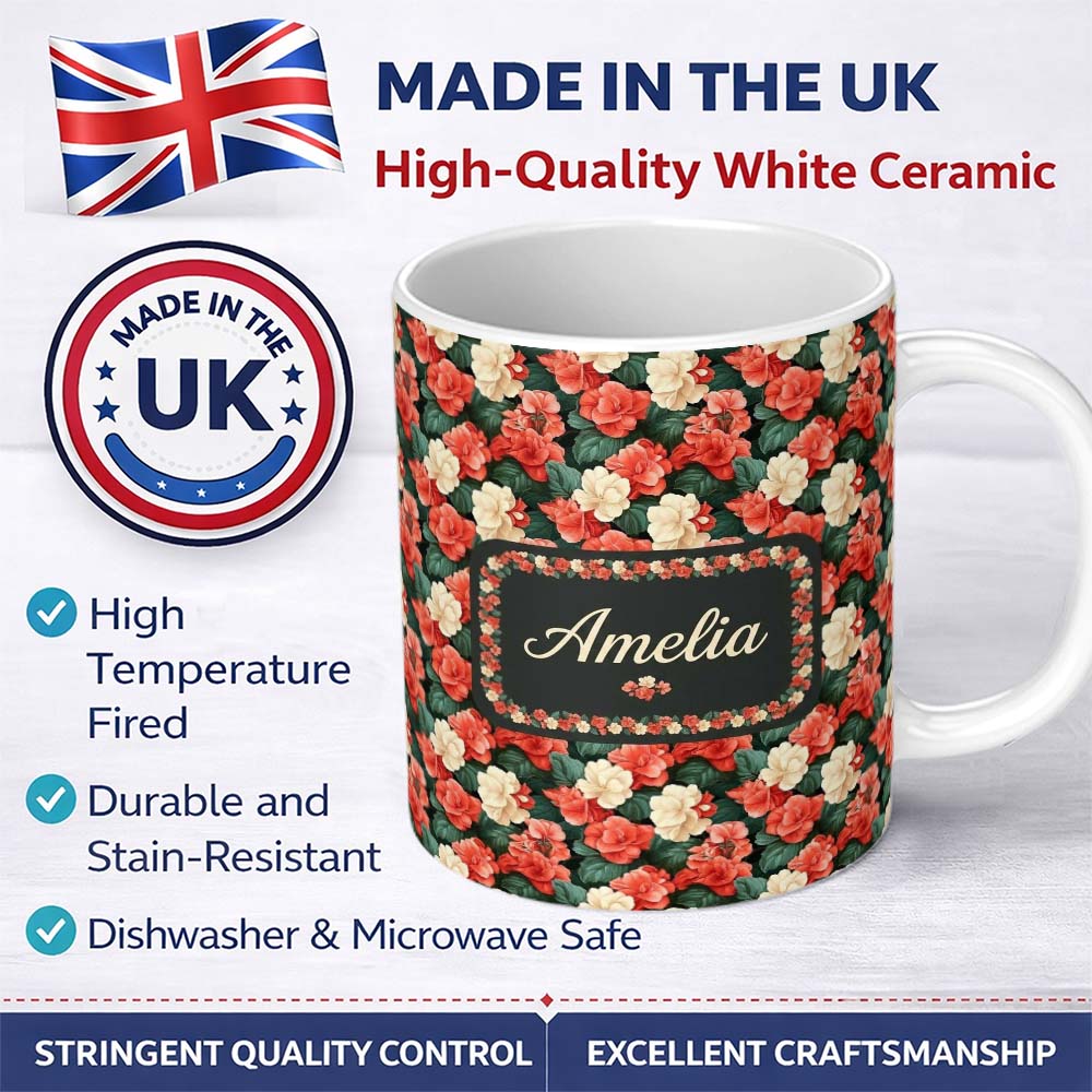Personalized Custom Name Classic Red and Cream Floral Vintage Seamless Pattern Elegant Name 11oz Ceramic Coffee Tea Mug White Large Handle