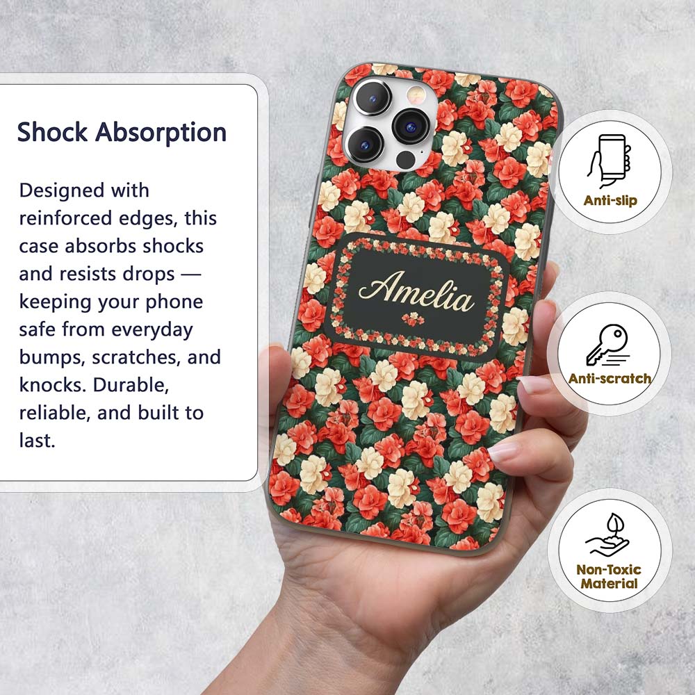 Classic Red and Cream Floral Vintage Seamless Custom Name Protective Phone Case Mobile Cover Durable Everyday Smartphone Shock Resistant