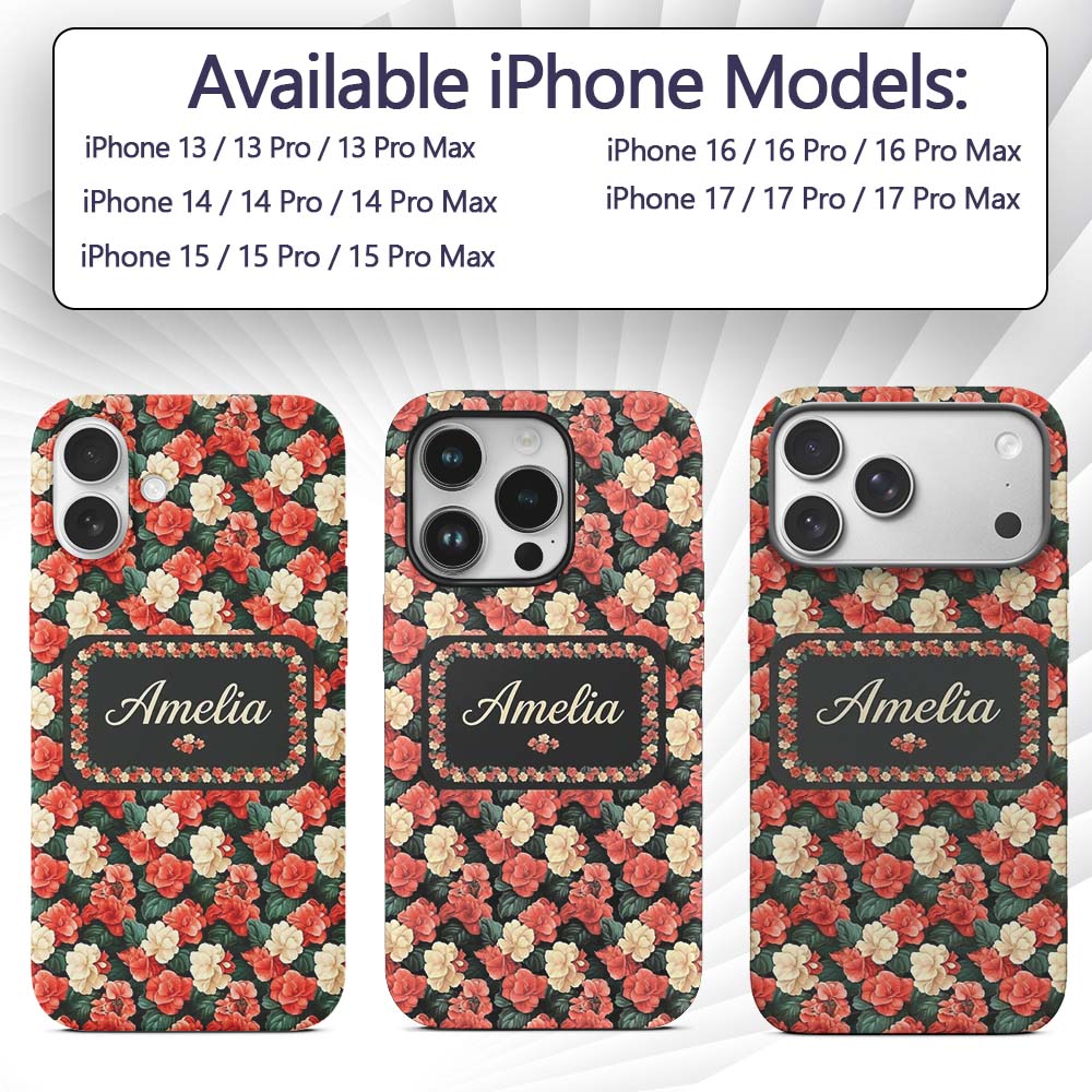 Classic Red and Cream Floral Vintage Seamless Custom Name Protective Phone Case Mobile Cover Durable Everyday Smartphone Shock Resistant
