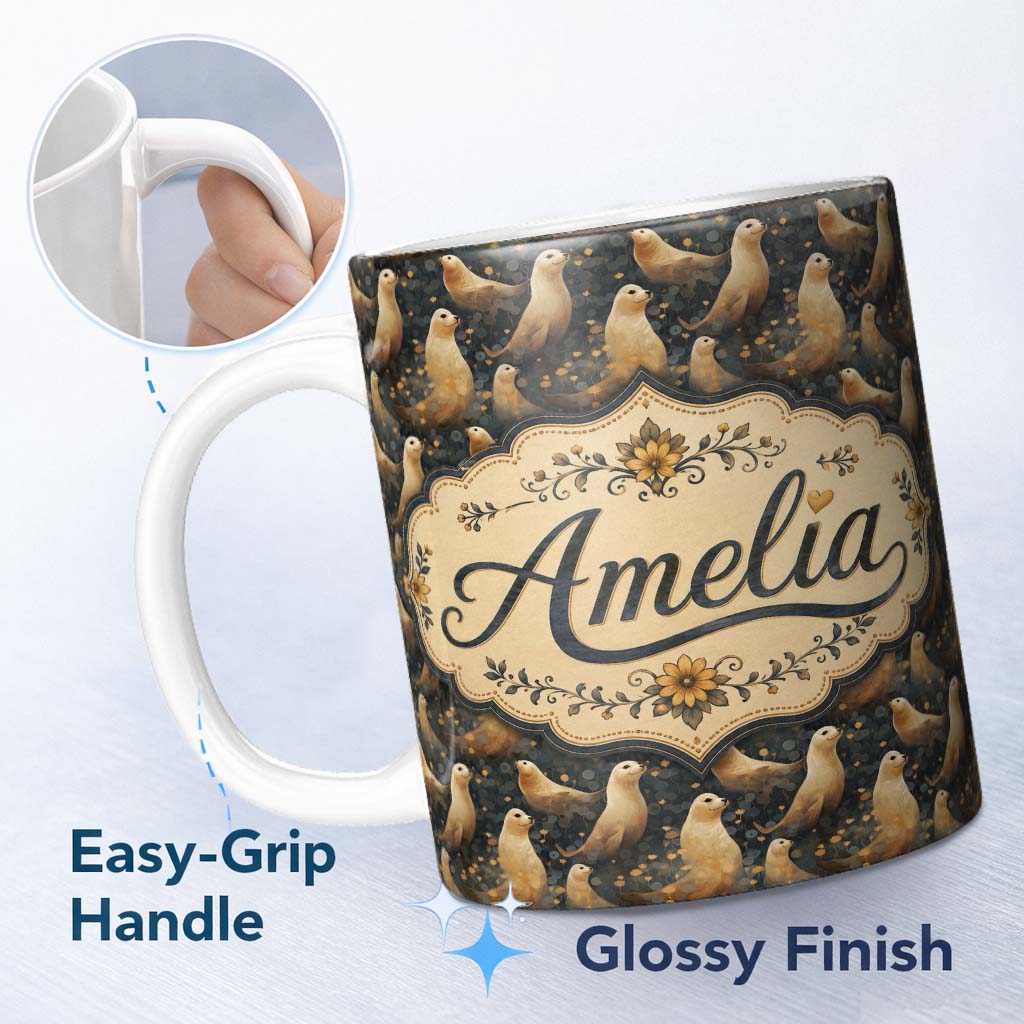 Personalized Custom Name Golden Glowing Seals with Floral Night Background Seamless Pattern 11oz Ceramic Coffee Tea Mug White Large Handle